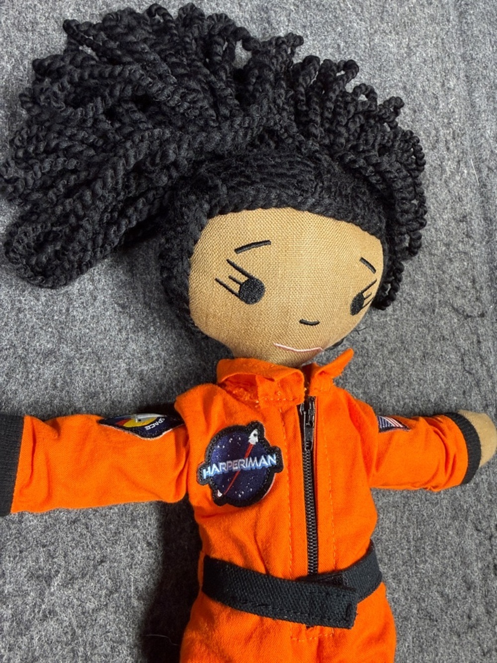 Harperiman Space Plush Doll in Bright Orange Pilot Jumpsuit with Black Hair - Picture 4 of 7